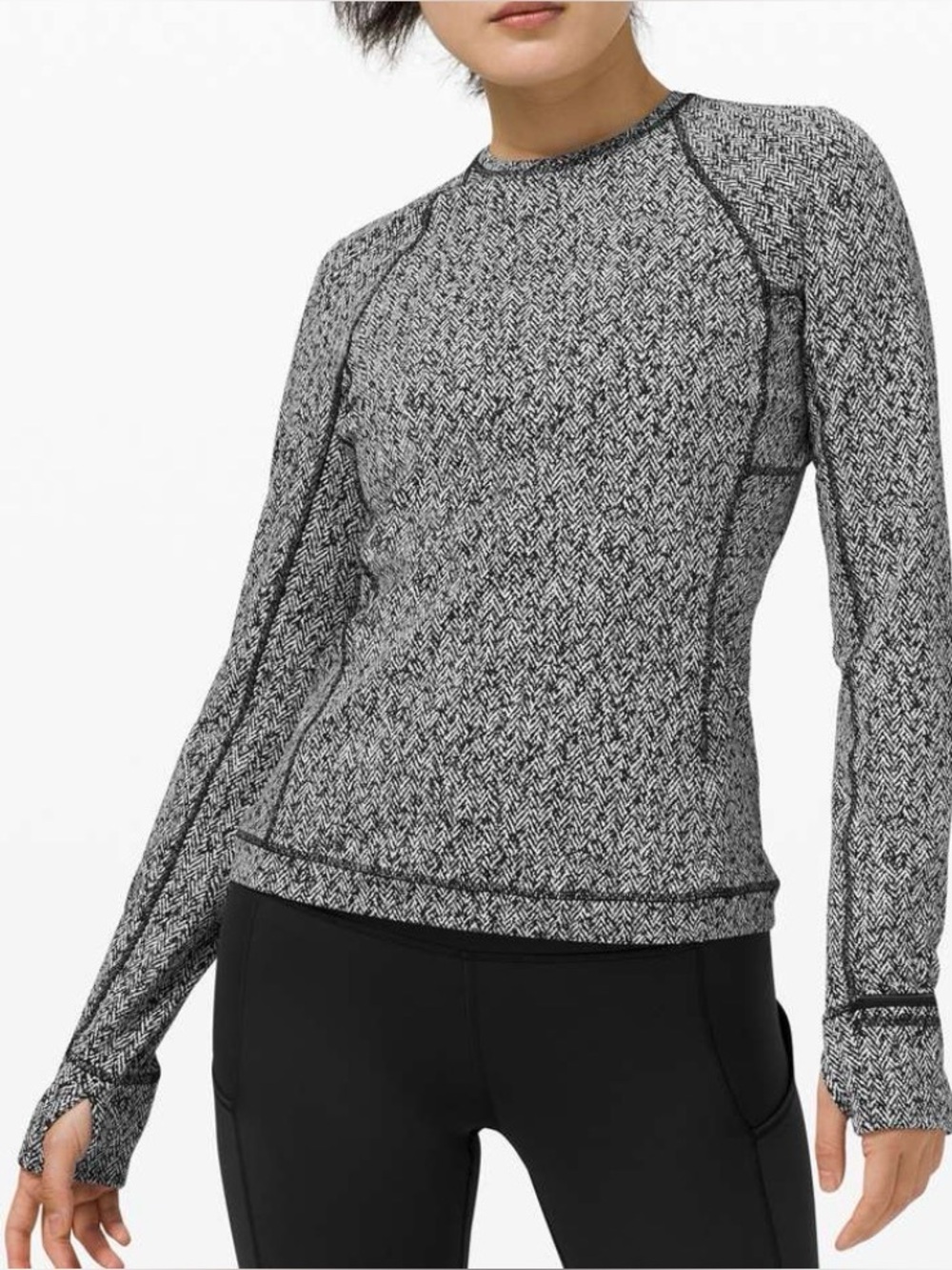 LULULEMON RUNDERFUL BLACK WHITE PATTERN LONG SLEEVE ATHLETIC SHIRT SZ 8